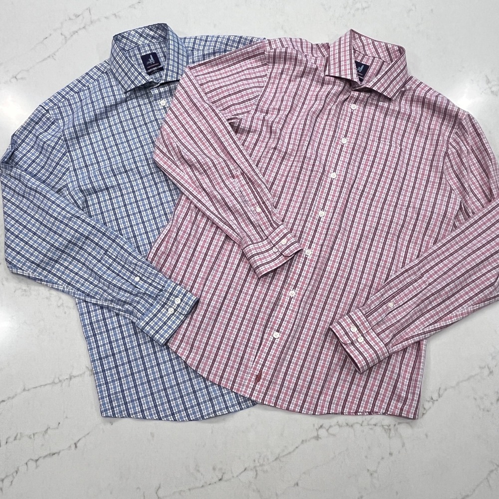 Johnnie-O Prep-Formance Plaid Button Down LS Shirts Mens L Blue Pink Lot of 2